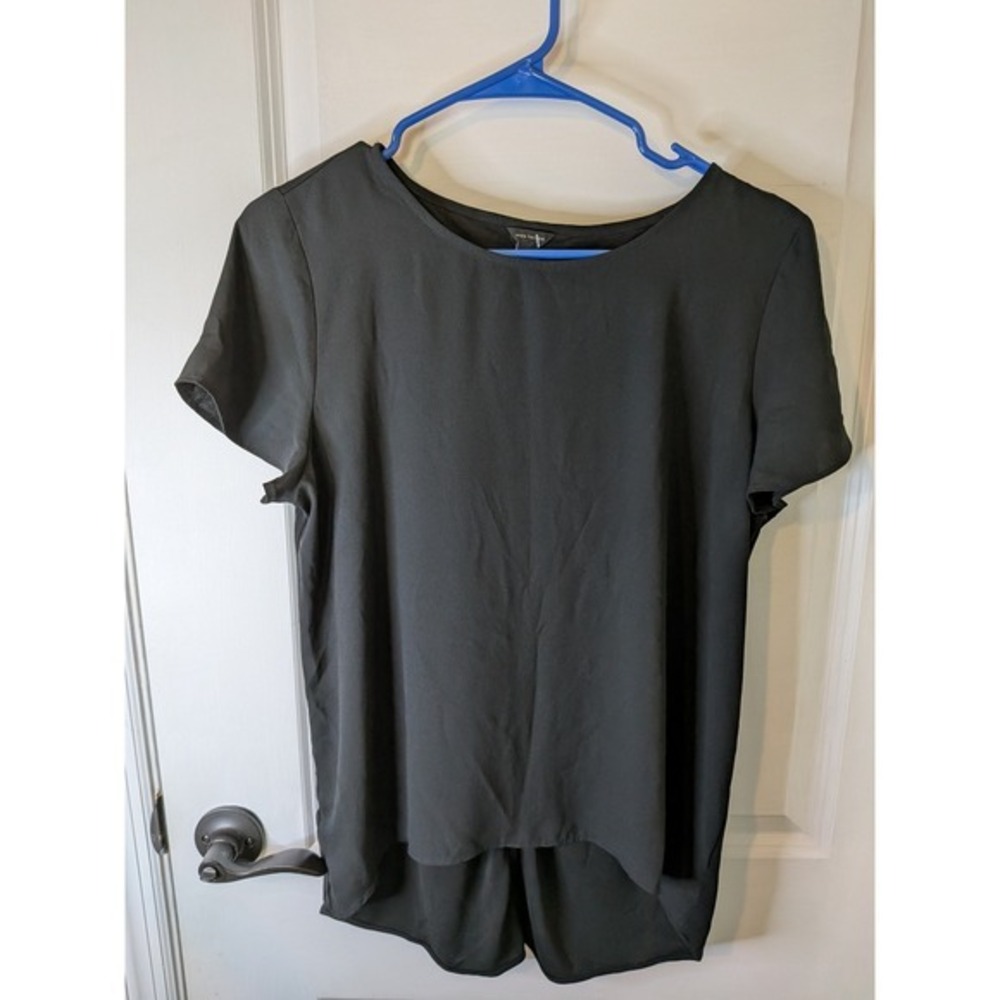 Ann Taylor Womens Black Mixed Media High Low Short Sleeve Blouse Size M